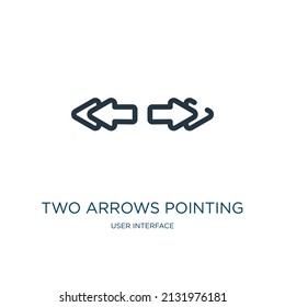 two arrows pointing right and left thin line icon. arrow, right linear icons from user interface concept isolated outline sign. Vector illustration symbol element for web design and apps.