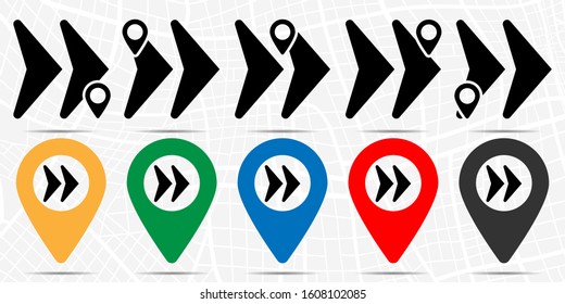 Two arrows to the right icon in location set. Simple glyph, flat illustration element of arrow theme icons