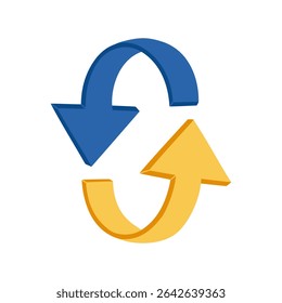 Two arrows rotating in a circle. Update, reload or recycle symbol. Hand drawn vector illustration isolated on white background, modern flat cartoon style.