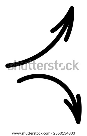 Two arrows. Sketch. Pair of black pointers pointing right, one up, one down. Hand drawn sign. Vector illustration. Outline on isolated white background. Doodle style. Idea for web design.