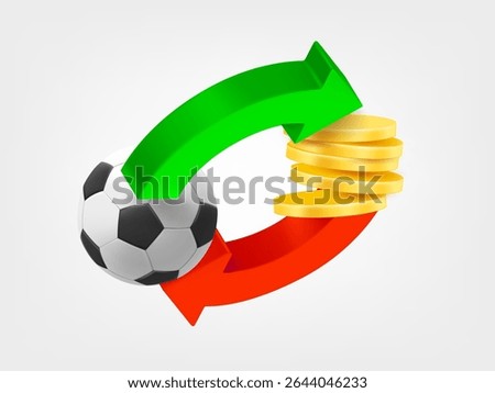 Two arrows with soccer ball and coins. Sports betting concept. 3d vector illustration