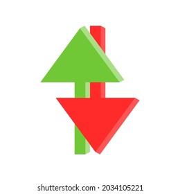 Two Arrows Together In Opposite Directions, Ascending Green Arrow And Descending Red Arrow Intertwined