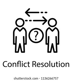 Two arrows trying to connect angry human avatars with question mark in between, iconography for conflict resolution 