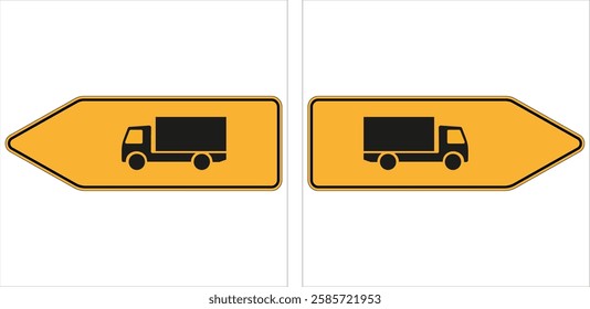 Two arrow-shaped traffic signs displaying truck icons, indicating designated routes or restrictions for truck drivers.
