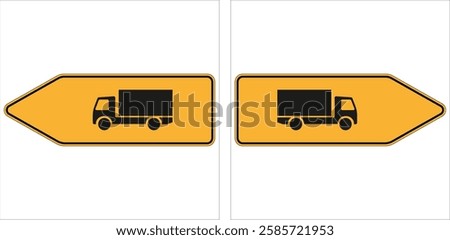 Two arrow-shaped traffic signs displaying truck icons, indicating designated routes or restrictions for truck drivers.