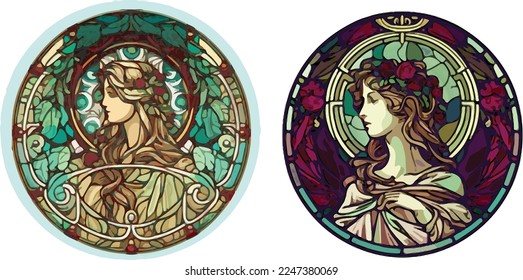 Two art nouveau style women in ancient Greek attire with floral motif, round stained glass window effect