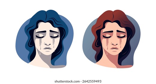 Two artistic depictions of crying women, one in cool blue tones and the other in warm red tones, on a white background. Woman in depression. Concept of mental disorder, affliction, sorrow and anxiety.