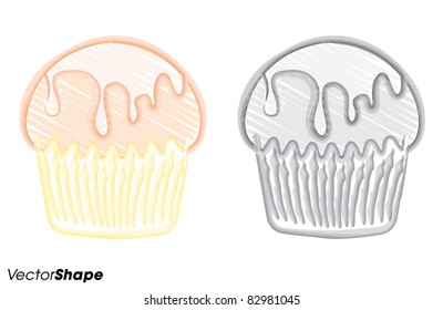 Two artistic homemade sweet muffins with glaze in a cup, vector illustration