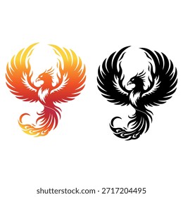 Dos artísticas siluetas de fénix con plumas fluidas y Formas dinámicas, una en un cálido gradiente de naranja y amarillo, y la otra en escala de grises, que simbolizan el renacimiento y la inmortalidad.