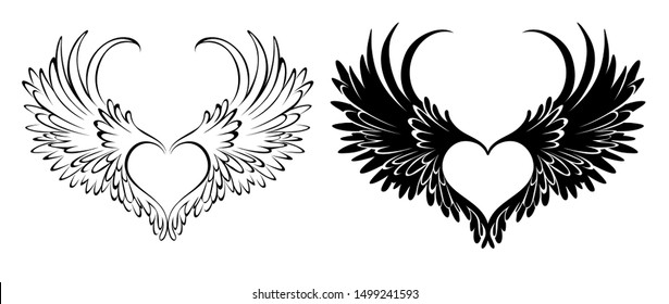 Two artistically drawn in tattoo style, angel hearts with wings on white background.