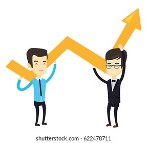 Two asain smiling business men holding growth graph. Cheerful business team with growth graph. Concept of business growth and teamwork. Vector flat design illustration isolated on white background.