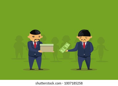 Two Asian Business Men Put Dollar In Box Donation Charity, Taxes Or Savings Concept Flat Vector Illustration