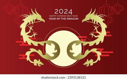 Two asian dragons silhouette chinese new year banner. Golden dragons facing each others on a red background with oriental clouds and red lanterns decorations.
