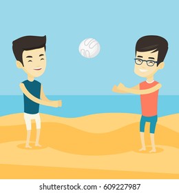 Two asian friends having fun while playing beach volleyball during summer holiday. Young sportsman playing beach volleyball with his friend. Vector flat design illustration. Square layout.
