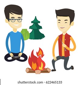 Two asian friends sitting around campfire. Friends having fun in camping. Tourists relaxing near campfire. Concept of travel and tourism. Vector flat design illustration isolated on white background.