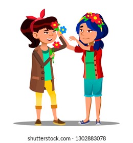 Two Asian Girls Decorate Themselves With Flowers For Festival Of Spring And Flowers Vector. Isolated Illustration