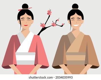 two asian girls stand in traditional kimono dresses on the background of sakura branch vector graphics