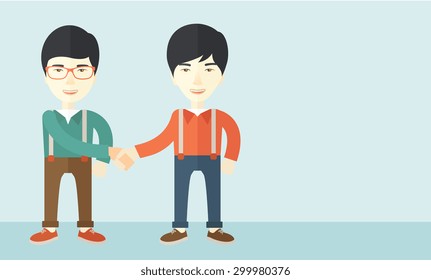 Dos tipos asiáticos enfrentándose unos a otros con apretones de manos por el exitoso acuerdo de negocios. Concepto de asociación empresarial. Un estilo contemporáneo con una paleta pastel y un suave fondo azul tintado. Vector