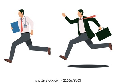 Two Asian Male Businessmen Who Hurry And Run. Office Worker Avatar, Illustration Set, White Background