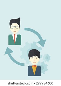 Dos hombres asiáticos intercambiando ideas. Concepto de asociación. Un estilo contemporáneo con una paleta pastel y un fondo de tonos azules. Ilustración de diseño plana vectorial. Diseño vertical con espacio de texto en la parte superior