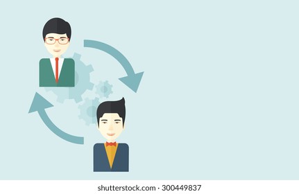 Dos hombres asiáticos intercambiando ideas. Concepto de asociación. Un estilo contemporáneo con una paleta pastel y un fondo de tonos azules. Ilustración de diseño plana vectorial. Diseño horizontal con espacio de texto en