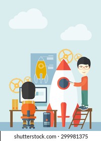 A Two asian men to launch for new start up idea in business. Business concept. A Contemporary style with pastel palette, soft blue tinted background. Vector flat design illustration. Vertical layout