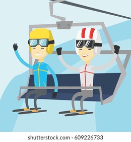 Two asian men sitting on ski elevator in winter mountains. Skiers using cableway at ski resort. Skiers on cableway in mountains at winter sport resort. Vector flat design illustration. Square layout.