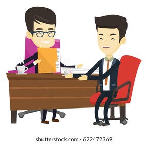 Dos hombres asiáticos hablando de una reunión de negocios. Empresarios tomando café en una reunión de negocios. Dos jóvenes hombres de negocios durante una reunión de negocios. Ilustración de diseño plana vectorial aislada en fondo blanco.