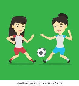 Two asian soccer players fighting over control of ball during a football match at stadium. Football players in action during a champions league match. Vector flat design illustration. Square layout.