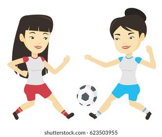 Two asian soccer players fighting over control of ball during a football match. Football players in action during champions league match. Vector flat design illustration isolated on white background.