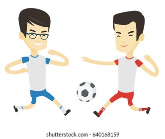 Two asian soccer players fighting over control of ball during a football match. Football players in action during champions league match. Vector flat design illustration isolated on white background.