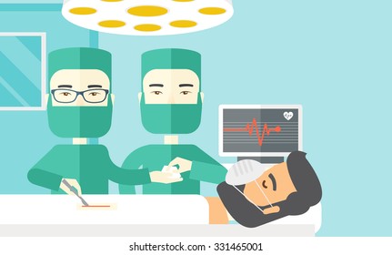 Dos cirujanos asiáticos trabajando y mirando a un paciente tumbado en una sala de operaciones de diseño plano vectorial. Diseño horizontal con un espacio de texto.