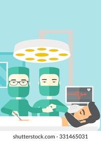 Two asian surgeons working and looking over a lying patient in an operating room vector flat design illustration. Vertical layout with a text space.