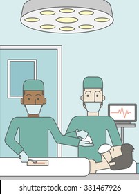 Two asian surgeons working and looking over a lying patient in an operating room. Vector line design illustration. Vertical layout with a text space for a social media post.