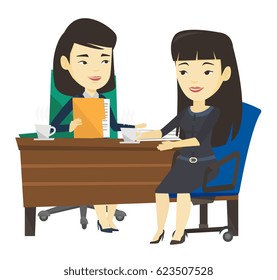 Two asian women during business meeting. Two businesswomen talking on business meeting. Businesswomen drinking coffee on business meeting. Vector flat design illustration isolated on white background.