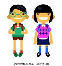 two asians students, schoolchild, cute boy and girl in the form of a white background. Vector illustration flat design