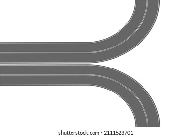 Dos caminos asfaltados girando en lados diferentes. Vista aérea superior. Parte de la autopista con el marcado aislado en el fondo blanco. Elemento Roadway para el mapa de la ciudad. Ilustración plana del vector