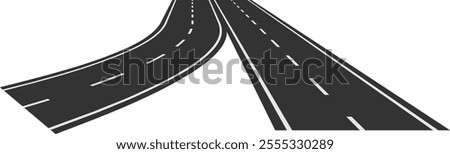 Two asphalt roads with white dashed lines are diverging in different directions on a white background, symbolizing choices and different paths in life