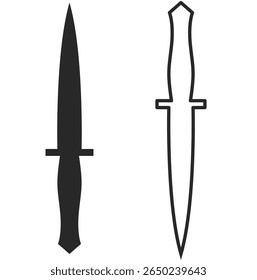 Two assault knives with a wide blade, combat tactical knife of an assaulter, line and silhouette in black.