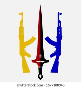two assault rifles in the style of a yellow-blue trident and a red-black sword on a white background