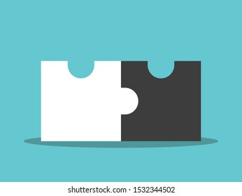 Two assembled jigsaw puzzle pieces, opposite white and black color on turquoise blue. Partnership, teamwork, solution, merger concept. Flat design. Vector illustration, no transparency, no gradients - Powered by Shutterstock - Get 15% off with code: PIKWIZARD15