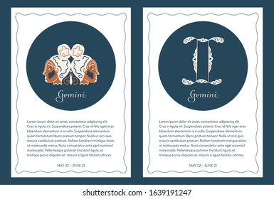 Two astrological backgrounds with the zodiac signs Gemini in the form of a pair of female heads and pictograms in dark circles, a place for text and wavy frames. Zodiacal vintage templates. Vector.