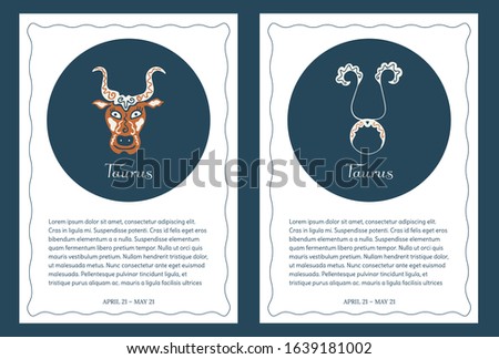 Two astrological backgrounds with the zodiac signs Taurus in dark circles, place for text and wavy frames. Zodiacal templates in vintage style for cards, flyers, posters, banners, horoscopes. Vector.