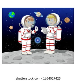 Two Astronaut In White Uniform On Moon Cartoon