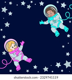 Two astronauts boy and girl happily exploring space in stylish spacesuits. Cartoon vector illustration on starry sky background. Copy space.