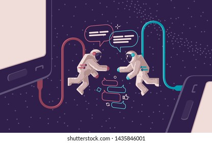 Two astronauts communicate in open space connected to smartphones