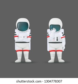 Two astronauts with different expressions isolated on a gray background. One standing with arms crossed, demonstrating confidence or disagreement. Other making facepalm gesture. 