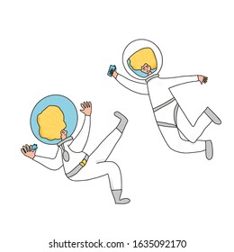 Two astronauts dressed in helmet and suit isolated on white background. Couple of cosmonauts floating in universe. Spacemen holding their phones in hands. Vector illustartion in doodle style.