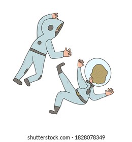 Two astronauts dressed in helmet and suit isolated on white background. Couple of cosmonauts floating in universe. Spacemen. Vector illustartion in doodle style.