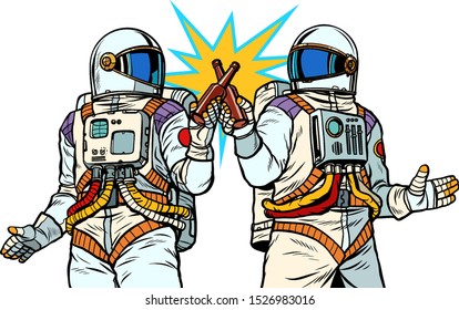 Two astronauts drink beer. Male friendship. Pop art retro vector illustration drawing vintage kitsch